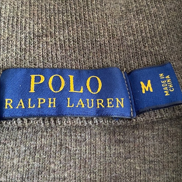 POLO Ralph Lauren 100% cotton Khaki Quarter-Zip Sweater suede elbows button neck - Picture 5 of 16